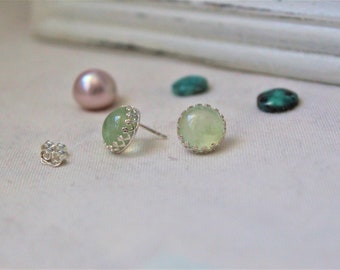 Sterling silver and Green Prehnite Studs Earrings - Handmade jewelry 10 MM