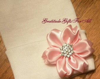 Solid White Newborn Hospital Hat w/ Flower and Rhinestone in it! Hospital Beanie. aDOrABle! Every Baby Should have! Beautiful For Your Love!
