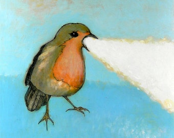 flaming robin no. 1 ORIGINAL mixed media painting ink and paint on wood 8 x 8