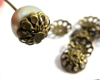 50 Bead Cap Antiqued Gold Plated Brass Fancy 8mm - 50 Pc - 3625-10