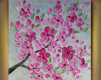 Original Pink Flowers Heavy Impasto Acrylic Palette Knife painting. Size 24x 24. Made2Order.