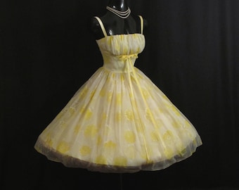 Vintage 1950's 50s Bombshell Cupcake Lemon Yellow Floral Flocked Ruched Chiffon Organza Party Prom Wedding Dress