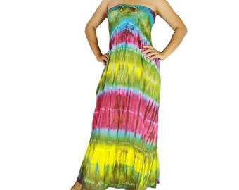 Smocked tube, tie dye off shoulder, tie dye cotton dress boho dress maxi summer sundress comfy beach casual dress long skirt (416)
