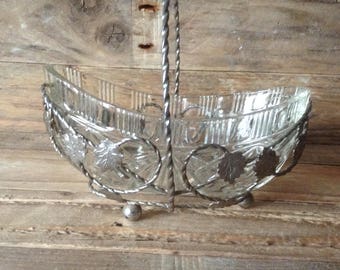 Sugar Bowl/Sweet Dish, Glass, Metal, Display, Scroll and Leaf Detail,