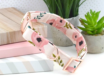 Dog Collar - Watercolor Floral Cotton Fabric Dog Collar - Fashion Dog Collar - Rose Gold Hardware - Sandy Paws Collar Co