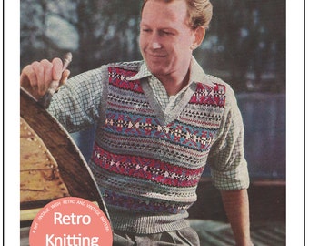 1950s Men's Fair Isle Pullover Vintage Knitting Pattern - PDF Instant Download - PDF Knitting Pattern