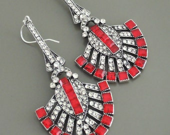 Art Deco Earrings - Statement Earrings - Silver Platinum Earrings - Ruby Crystal Earrings - Statement Earrings - Long Red Earrings