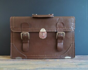 En cuir cartable poignée sac vachette marron attache unisexe sac grande université cartable Valise Vintage Document Office coque rétro années 70