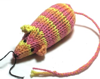 Catnip Mouse Cat Toy in Bright Orange, Pink, and Yellow Cotton Stripes