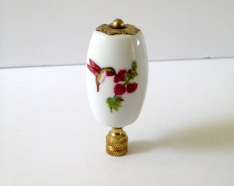 Porcelain and Brass Finial with Colorful Hummingbird and Hollyhocks Image, Lamp Lighting Fixture Part, DIY, 3 inches high, 4 inches around