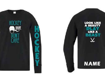 Hockey fille patineuse danse Sport personnalisé jeunesse nom Glitter Tshirt à manches longues