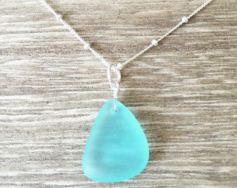 The Roxy ~ Tear Drop Sea Glass Necklace in Aqua, Teal and London Blue.