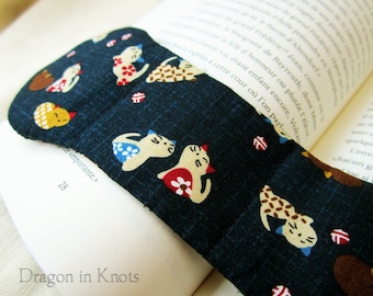 Kittens Book Weight - Navy Blue Japanese Fabric - neko cats - kawaii Asian themed dark blue weighted bookmark page holder