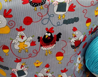 Large WIP Zipper Project Bag, Wedge Bag, Hens & Chickens Knitting, Fun in the Chicken Coop, Fold Over Top, Yarn Bowl, Lunch Tote