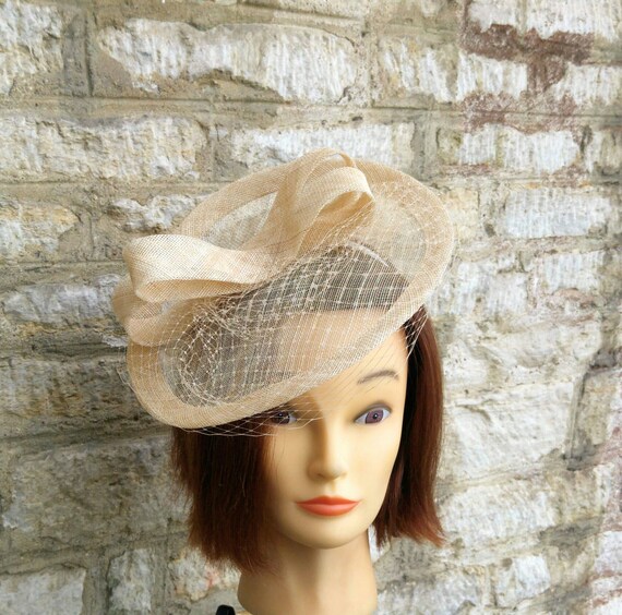 Champagne fascinator hat wedding hat veiled natural beige
