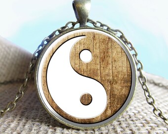 Wood Yin Yang Image Pendant Necklace, Yin and Yang, Yoga, Spiritual Jewelry