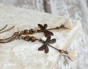 Beige flower earrings, Dragonfly Earrings // Vintaj brass dragonfly dangle earrings // Woodland Jewelry // Rustic