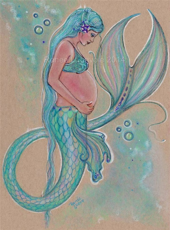 Baby blue pregnancy mermaid print by Renee L. Lavoie