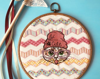 Handmade Cool Cat embroidery (10 inch diameter)