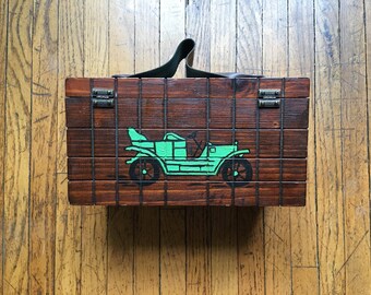 Unique Antique Car Wood Box Purse, Vintage Handbag, Novelty Purse, 70's Hand-Painted Box Purse