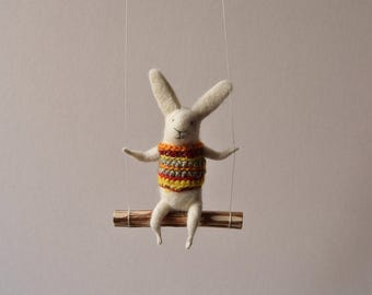 White Bunny on Swing, Needle Felted Animal, Nursery Decor, Baby Crib Mobile, Bunny Mobile