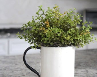 Farmhouse Decor~Faux Greenery Arrangement~ Greenery Centerpiece~ Faux Greenery in a White Enamel Handled Pot