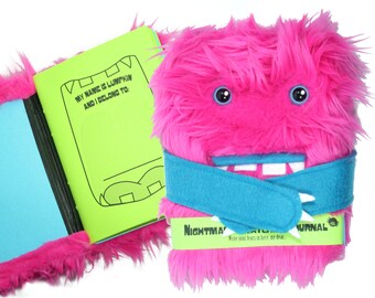 Nightmare Snatcher children's fuzzy journal, Lumpkin the pink and blue magical monster book