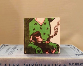 2.5 inch Wood Decoupaged Handmade Block Paperweight, Shelf Collectible, Table-setting, Teacher Gift, Baby Gift, etc.: Curious George
