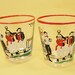 Vintage Rocks Glasses (2) - Charles Dickens Style Tavern Pub Bar Scene - Red Rim - Bar ware - Weighted Bar Glasses - Set of 2 - 3.25" x 3"