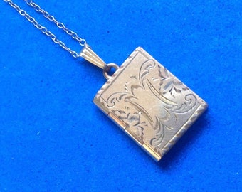 Vintage! Gold filled locket & chain w/old picture.Engraved book shaped locket.