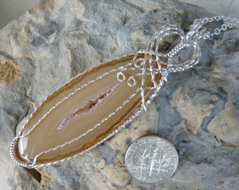 Brown Agate Necklace, Agate Necklace, Agate Pendant, Tan Agate, Wire Wrapped Agate, Sterling Silver Filled Agate, Wire Wrapped Necklace