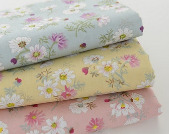 Sale - Daisy Floral Cotton Fabric, White Daisy on Light Blue Yellow Pink Cotton - A Half yard