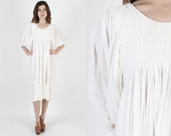 Crochet Wedding Dress Ethnic Dress Boho Dress Bridesmaids Dress Vintage 70s Ivory Gauze Lace Cotton Summer Festival Beach Midi Maxi Dress