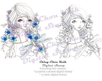 Hello Dragonfly - PRINTABLE Instant Download Digital Stamp / Flora Flower Insect Animal Fairy Faery Girl Art by Ching-Chou Kuik