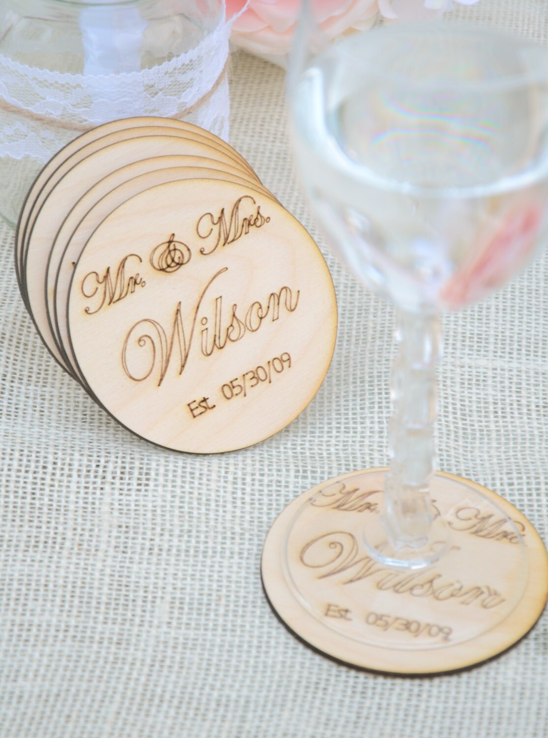 Personalized Mr and Mrs coasters Set of 6 engraved wooden