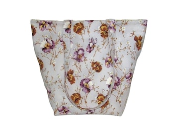 Floral Tote Bag, Purple Fabric Bag, Pansy Purse, Lavender Handbag, Purple Flowers, Handmade Shoulder Bag