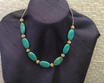 Blue turquoise gemstone necklace with 14k gold