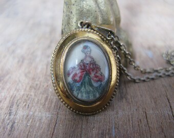 Collier camée vintage : chaîne de perles de verre noires et blanches - France