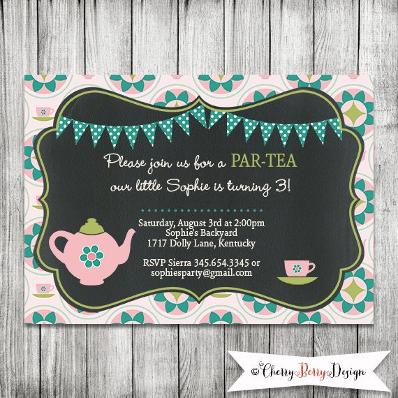 Chalkboard Little Girl Tea Party Invite 5x7 JPG DIGITAL FILE