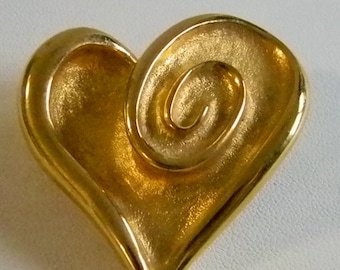 Large Brushed Gold Tone Heart Pin Brooch
