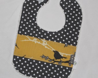 Yellow and Gray Sparrows and Dots Chenille Boutique Bib - SALE