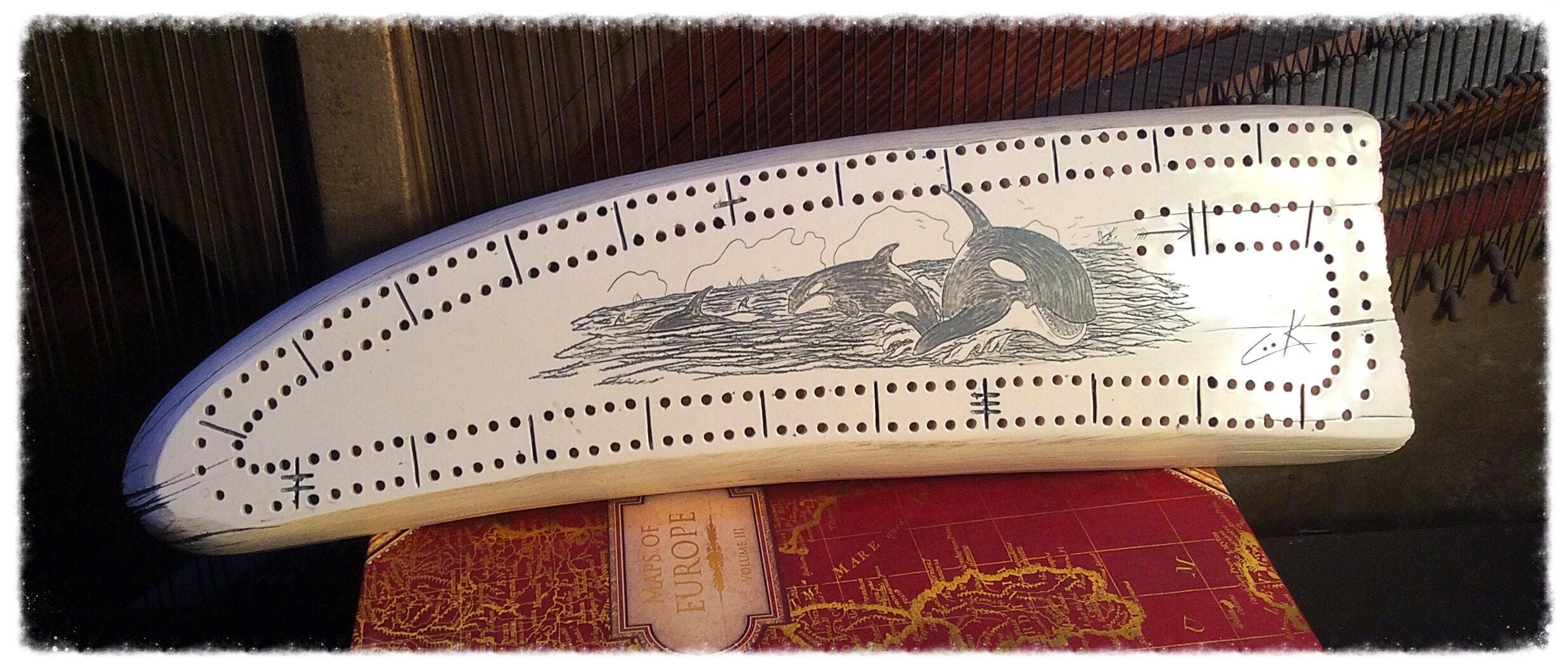 Cribbage Board. Cultured Ivory Fakeshaw Scrimshaw. Orca