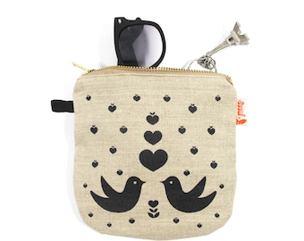 Black Print Lovebirds Linen Zipper Pouch