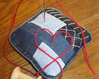 Denim pin cushion, patchwork pin cushion