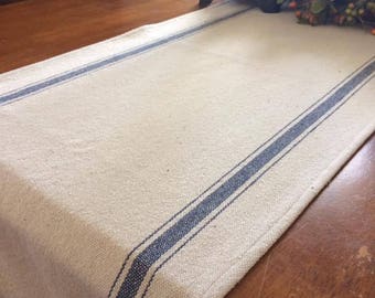 Table Runner/Cream Grain Sack Fabric/Blue Stripe/15.5" Wide