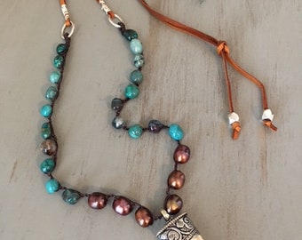 Bohemian Crocheted Chrysocolla and Pearl Necklace