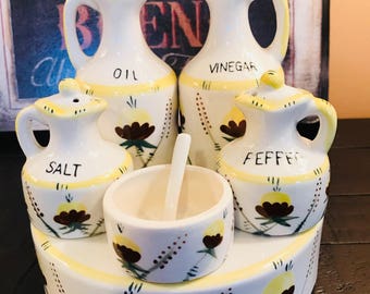 Vintage Hand Painted Condiment Set with Caddy