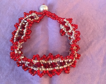 Red and Silver Beadwoven 7" Bracelet