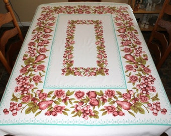 Vintage Cotton Bark Cloth Tablecloth, Table Covering with Berries and Fruit Pattern, Pink and Aqua Kitchen Decor, 49 x 65, Oblong Tablecloth