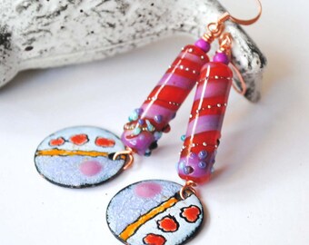 Pink Earrings, Lampwork Bead Earrings, Abstract Earrings, Enamel Earrings, Long Artisan, Earrings, Boho Chic Earrings, Colorful Earrings,